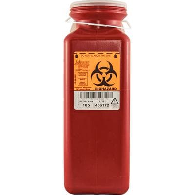 Medegen Sharps-Tainer Nonstackable Sharps Container, Polypropylene, Red, Tall Tray, Locking Cap, 1.7 Qt, 3.5"D x 3.5"W x 10"H, Model 185 thumbnail 3