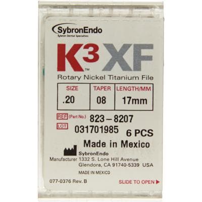 Kerr K3XF Nickel Titanium Rotary File, Size #20, .08 Taper, 17mm, Yellow, Pack of 6, 823-8207 thumbnail 6
