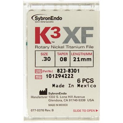 Kerr K3XF Nickel Titanium Rotary File, Size #30, .08 Taper, 21mm, Blue, Pack of 6, 823-8301 thumbnail 6