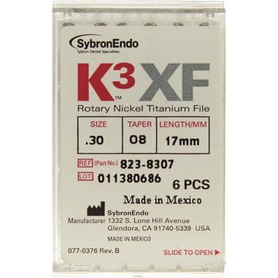 Kerr K3XF Nickel Titanium Rotary File, Size #30, Taper .08, Blue, 17mm, Pack of 6, 823-8307 thumbnail 7