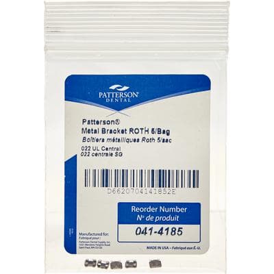 Patterson® A Roth Metal Twin Brackets – .022, 5/Pkg - UL1, Upper Left Central, Without Hooks - Patterson® A Roth Metal Twin Brackets – .022, 5/Pkg - UL1, Upper Left Central, Without Hooks - Image 1