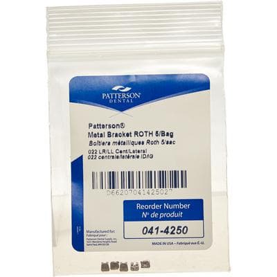 Patterson® A Roth Metal Twin Brackets, .022 Slot, Lower Anteriors (LR1-2, LL1-2), Without Hooks, 5/Pkg - Patterson® A Roth Metal Twin Brackets – .022, 5/Pkg - LR1-2, LL1-2, Lower Anteriors, Without Hooks - Image 1