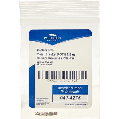 Patterson® A Roth Metal Twin Brackets – .022, 5/Pkg - LL3, Lower Left Cuspid, Without Hooks - Patterson® A Roth Metal Twin Brackets – .022, 5/Pkg - LL3, Lower Left Cuspid, Without Hooks - Image 1