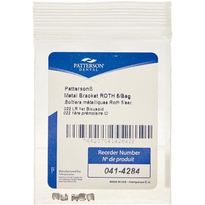 Patterson® A Roth Metal Twin Brackets – .022, 5/Pkg - LR4, Lower Right First Bicuspid, Without Hooks - Patterson® A Roth Metal Twin Brackets – .022, 5/Pkg - LR4, Lower Right First Bicuspid, Without Hooks - Image 1