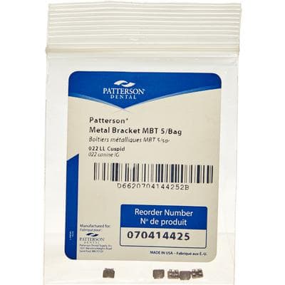 Patterson® McLaughlin, Bennett, Trevisi (MBT) Metal Twin Brackets, .022 Slot, Lower Left Cuspid (LL3), Without Hooks, 5/Pkg - Patterson® Mclaughlin, Bennett, Trevisi Metal Twin Brackets – .022, 5/Pkg - LL3, Lower Left Cuspid, Without Hooks - Image 1