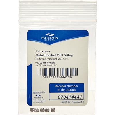Patterson® McLaughlin, Bennett, Trevisi (MBT) Metal Twin Brackets, .022 Slot, Lower Left First Bicuspid (LL4), Without Hooks, 5/Pkg - Patterson® Mclaughlin, Bennett, Trevisi Metal Twin Brackets – .022, 5/Pkg - LL4, Lower Left First Bicuspid, Without Hooks - Image 1