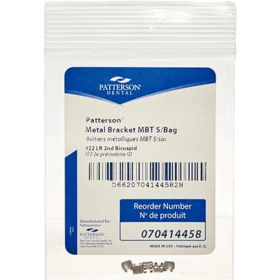 Patterson® McLaughlin, Bennett, Trevisi (MBT) Metal Twin Brackets, .022 Slot, Lower Right Second Bicuspid (LR5), Without Hooks, 5/Pkg - Patterson® Mclaughlin, Bennett, Trevisi Metal Twin Brackets – .022, 5/Pkg - LR5, Lower Right Second Bicuspid, Without Hooks - Image 1