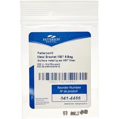 Patterson® McLaughlin, Bennett, Trevisi (MBT) Metal Twin Brackets, .022 Slot, Lower Left Second Bicuspid (LL5), Without Hooks, 5/Pkg - Patterson® Mclaughlin, Bennett, Trevisi Metal Twin Brackets – .022, 5/Pkg - LL5, Lower Left Second Bicuspid, Without Hooks - Image 1