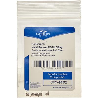 Patterson® A Roth Metal Twin Brackets, .022 Slot, Upper Right Cuspid (UR3), With Hooks, 5/Pkg - Patterson® A Roth Metal Twin Brackets – .022, 5/Pkg - UR3, Upper Right Cuspid, With Hooks - Image 1