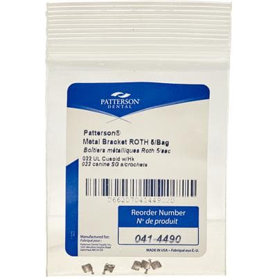 Patterson® A Roth Metal Twin Brackets, .022 Slot, UL3 Upper Left Cuspid, With Hooks, 5/Pkg - Patterson® A Roth Metal Twin Brackets – .022, 5/Pkg - UL3, Upper Left Cuspid, With Hooks - Image 1