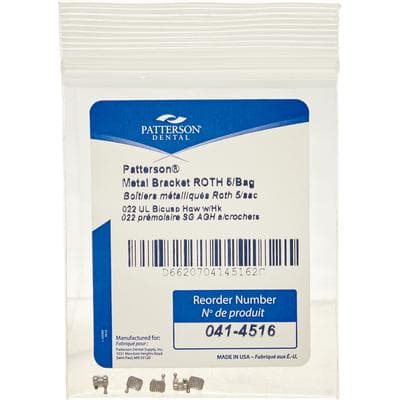 Patterson® A Roth Metal Twin Brackets, .022 Slot, Upper Left Bicuspids (UL4-5), With Hooks, 5/Pkg - Patterson® A Roth Metal Twin Brackets – .022, 5/Pkg - UL4-5, Upper Left Bicuspids, With Hooks - Image 1