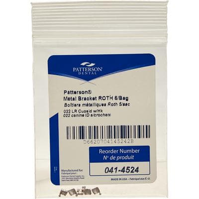 Patterson® A Roth Metal Twin Brackets – .022, 5/Pkg - LR3, Lower Right Cuspid, With Hooks - Patterson® A Roth Metal Twin Brackets – .022, 5/Pkg - LR3, Lower Right Cuspid, With Hooks - Image 1