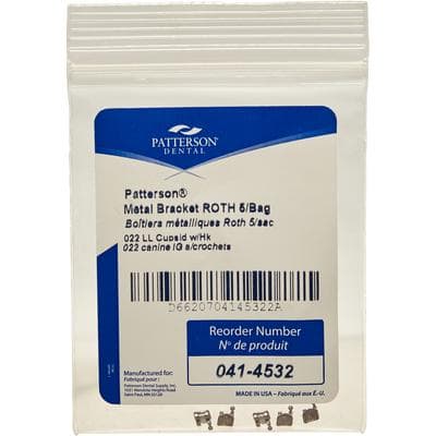 Patterson® A Roth Metal Twin Brackets, .022 Slot, Lower Left Cuspid (LL3), With Hooks, 5/Pkg - Patterson® A Roth Metal Twin Brackets – .022, 5/Pkg - LL3, Lower Left Cuspid, With Hooks - Image 1
