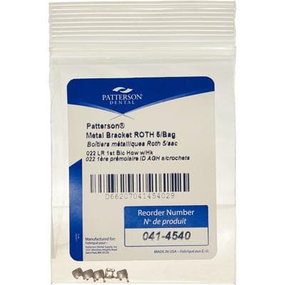 Patterson® A Roth Metal Twin Brackets – .022, 5/Pkg - LR4, Lower Right First Bicuspid, With Hooks - Patterson® A Roth Metal Twin Brackets – .022, 5/Pkg - LR4, Lower Right First Bicuspid, With Hooks - Image 1