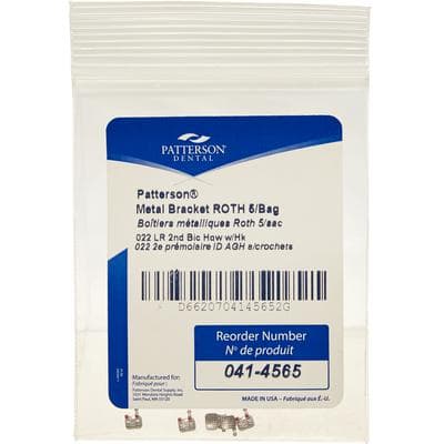 Patterson® A Roth Metal Twin Brackets, .022 Slot, Lower Right Second Bicuspid (LR5), With Hooks, 5/Pkg - Patterson® A Roth Metal Twin Brackets – .022, 5/Pkg - LR5, Lower Right Second Bicuspid, With Hooks - Image 1