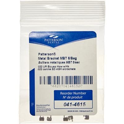Patterson® McLaughlin, Bennett, Trevisi (MBT) Metal Twin Brackets, .022 Slot, Upper Right Bicuspids (UR4-5), With Hooks, 5/Pkg - Patterson® Mclaughlin, Bennett, Trevisi Metal Twin Brackets – .022, 5/Pkg - UR4-5, Upper Right Bicuspids, With Hooks - Image 1