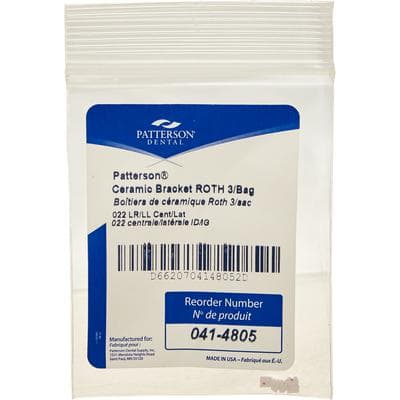 Patterson® A Roth Ceramic Twin Brackets, .022 Slot, Lower Anteriors (LR1-2, LL1-2), Without Hooks, 3/Pkg - Patterson® A Roth Ceramic Twin Brackets – .022, 3/Pkg - LR1-2, LL1-2, Lower Anteriors, Without Hooks - Image 1