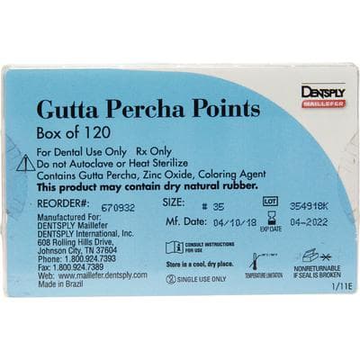 Dentsply Maillefer Gutta-Percha Points, 0.02 Taper, ISO #35, 20 Points/Vial, 6 Vials/Box (120 Points), Green, Ref 670932 thumbnail 4