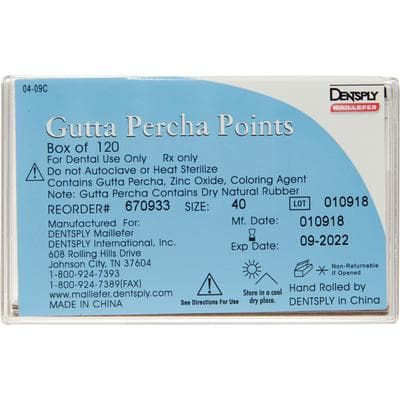 Dentsply Maillefer Gutta Percha Points, ISO #40, 0.02 Taper, Hand Rolled, Non-Colored, 30mm, 120 Points (6 Vials of 20), Ref 670933 thumbnail 6