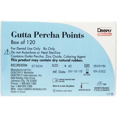 Dentsply Maillefer Gutta Percha Points, ISO #45, White, 0.02 Taper, 30mm, 120/Bx (6 Vials of 20), 670934 thumbnail 6