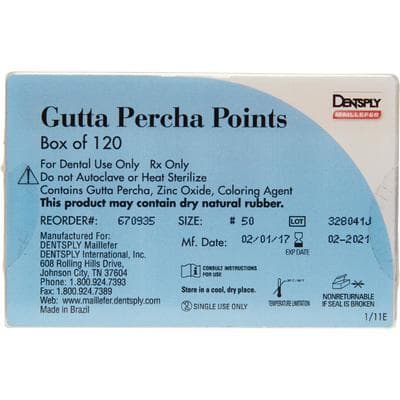 Dentsply Maillefer Gutta Percha Points, ISO #50, 0.02 Taper, Hand Rolled, Yellow, 30mm, 120/Bx (6 Vials of 20), 670935 thumbnail 6