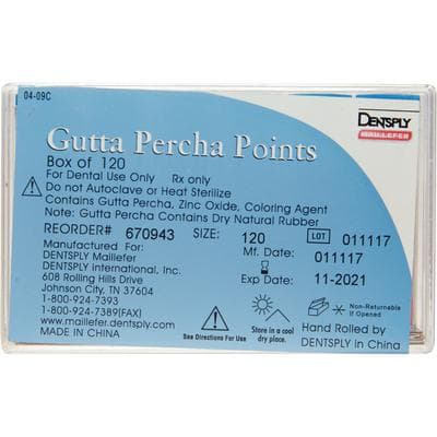 Dentsply Maillefer Gutta Percha Points, ISO #120 (Blue), 0.02 Taper, 30mm, Hand Rolled, 120/Box (6 Vials of 20), Ref 670943 thumbnail 4