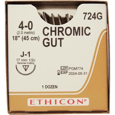 Ethicon Chromic Gut Surgical Suture, 4-0, 18", Reverse Cutting J-1 1/2 Circle Needle, 12/Box, 724G thumbnail 8