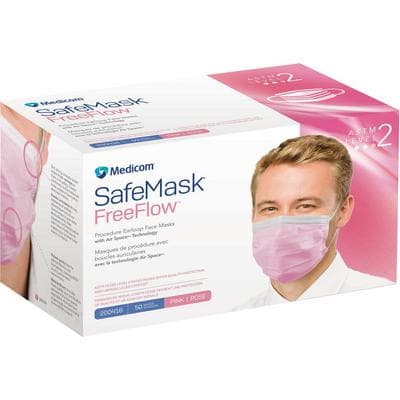 Medicom SafeMask FreeFlow Procedure Earloop Face Masks, ASTM F2100 Level 2, Pink, 50/Pkg - Medicom® SafeMask® FreeFlow™ Procedure Earloop Face Masks – ASTM F2100 Level 2, 50/Pkg - Pink - Image 1