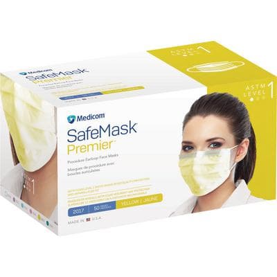 Safe+Mask® Premier Low Barrier Procedure Masks, ASTM Level 1, Fluid-Resistant, Latex-Free, Ear Loops, Yellow, 50/Box - Safe+Mask® Premier Low Barrier Masks – ASTM Level 1, 50/Box - Yellow - Image 1