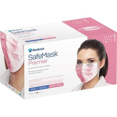 Safe+Mask® Premier Low Barrier Procedure Mask, ASTM Level 1, Fluid-Resistant, Latex-Free, Pink, Ear Loops, 50/Box - Safe+Mask® Premier Low Barrier Masks – ASTM Level 1, 50/Box - Pink - Image 1