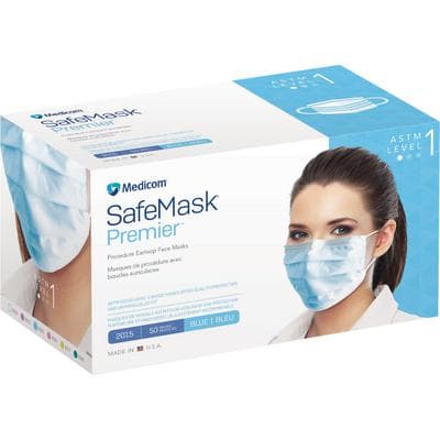 Safe+Mask® Premier Low Barrier Procedure Masks, ASTM Level 1, Fluid-Resistant, Latex-Free, Blue, 50/Box - Safe+Mask® Premier Low Barrier Masks – ASTM Level 1, 50/Box - Blue - Image 1