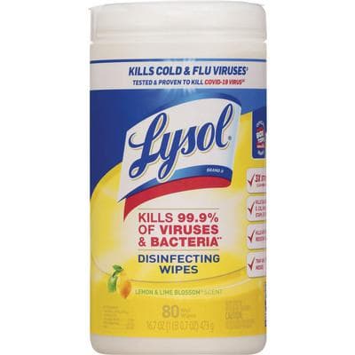 Lysol Scented Disinfecting Wipes, Lemon/Lime Blossom Scent, 80 Wipes/Tub, RAC77182 - Lysol® Scented Disinfecting Wipes - Lemon/Lime Scent, 80 Wipes/Tub - Image 1