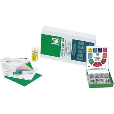 Hygenic Fiesta Winged Standard Dental Dam Kit without Punch and Forceps, Medium Green Latex, 36 Sheets, 9 Clamps, Coltene thumbnail 3