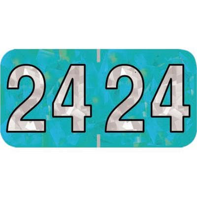2024 Yearly Aging Labels - Holographic Series - Aqua, 1-1/2" x 3/4", 500/Roll - 2024 Yearly Aging Labels - Holographic Series - Aqua, 500/Roll - Image 1