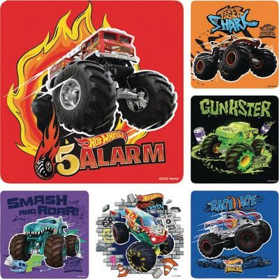 Licensed TV Cartoon Stickers, Hot Wheels, 2-1/2" W x 2-1/2" H, 6 Designs/Roll, 100/Roll - Licensed TV Cartoon Stickers, 2-1/2 W x 2-1/2 H, 6 Designs/Roll, 100/Roll - Hot Wheels - Image 1