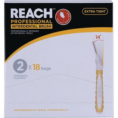 REACH Interdental Brushes, Extra Tight 0.7 mm, 18 Packs of 2 (36 Brushes), Yellow/White Handles thumbnail 3