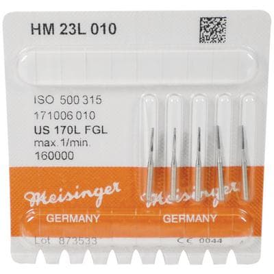 Meisinger Tungsten Carbide Bur #170L (HM 23L), Tapered Fissure, Friction Grip, Long Shank, 1.0 mm Diameter, 5/Pkg, HM23L-010-FGL thumbnail 6