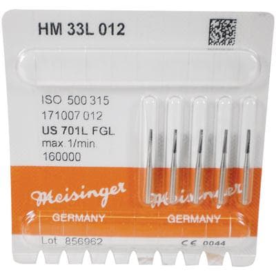 Meisinger Tungsten Carbide Bur HM 33L-012-FGL, #701L, Tapered Fissure Cross-Cut, Flat End, Friction Grip Long Shank, 1.2 mm Head Diameter, 6.3 mm Head Length, 5/Pkg thumbnail 5