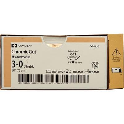 Surgigut Chromic Gut Suture, 3-0, 30" Length, C-13 Reverse Cutting 3/8 Circle Needle, 36/Pkg thumbnail 8