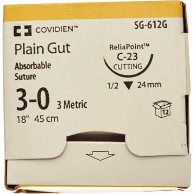 Medtronic Surgigut Absorbable Plain Gut Suture, Size 3-0, 18" Length, C-23 1/2 Circle Reverse Cutting Needle, 36/Pkg - Absorbable Surgigut Suture Plain Gut – 36/Pkg - C-23, 1/2" Circle Needle, Size 3-0, Length 18" - Image 1