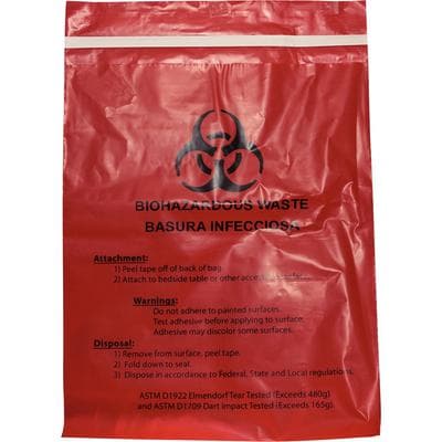 Unimed-Midwest Stick-On Biohazard Waste Bags, Red, 12" x 14", 2.6 Quart, 100/Bx - Waste Stick-On Bags – Red Biohazard, 100/Pkg - 12" x 14", 2.6 Quart - Image 1