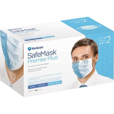 Safe+Mask® Premier Plus Earloop Procedure Masks, ASTM Level 2, Fluid-Resistant, Latex-Free, Blue, 50/Pkg - Safe+Mask® Premier Plus Earloop Masks – ASTM Level 2, 50/Pkg - Safe+Mask® Premier Plus Earloop Masks – ASTM Level 2, 50/Pkg - Image 1