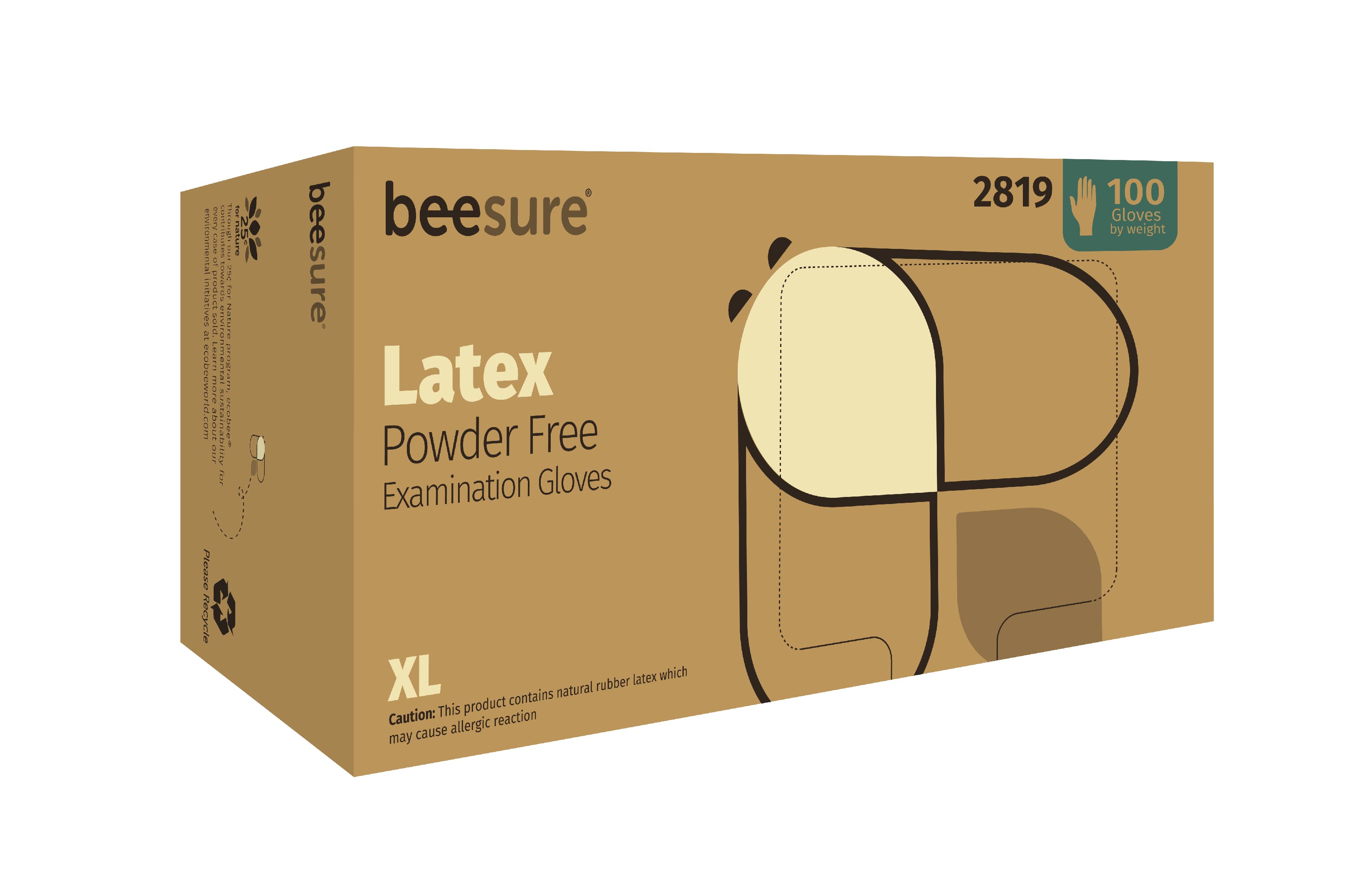BeeSure Latex Exam Gloves, Powder-Free, Non-Sterile, X-Large, White, 100/Box, BE2819 thumbnail 2