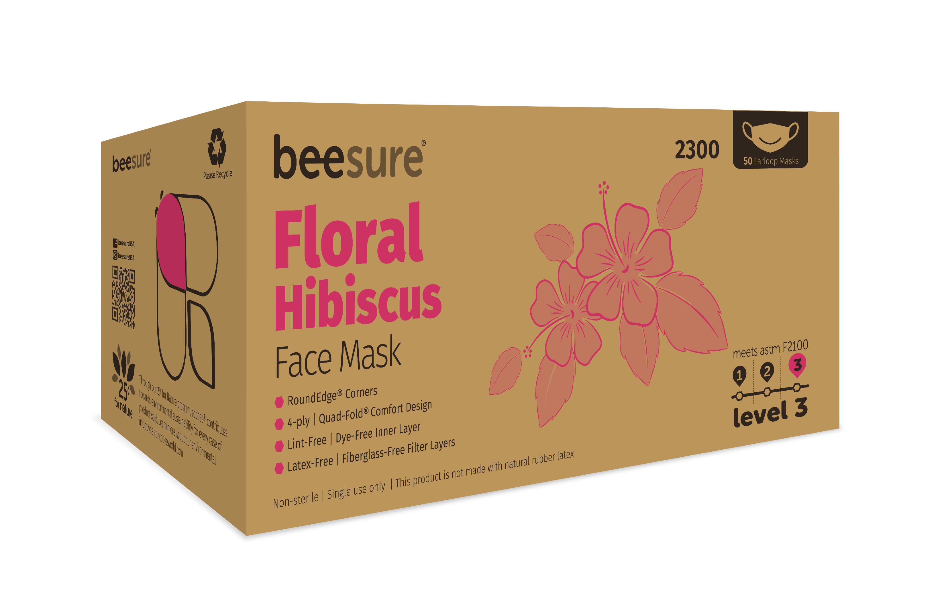 BeeSure Floral Earloop Face Mask, ASTM Level 3, Hibiscus Pink, 50/Box, BE2300 thumbnail 9