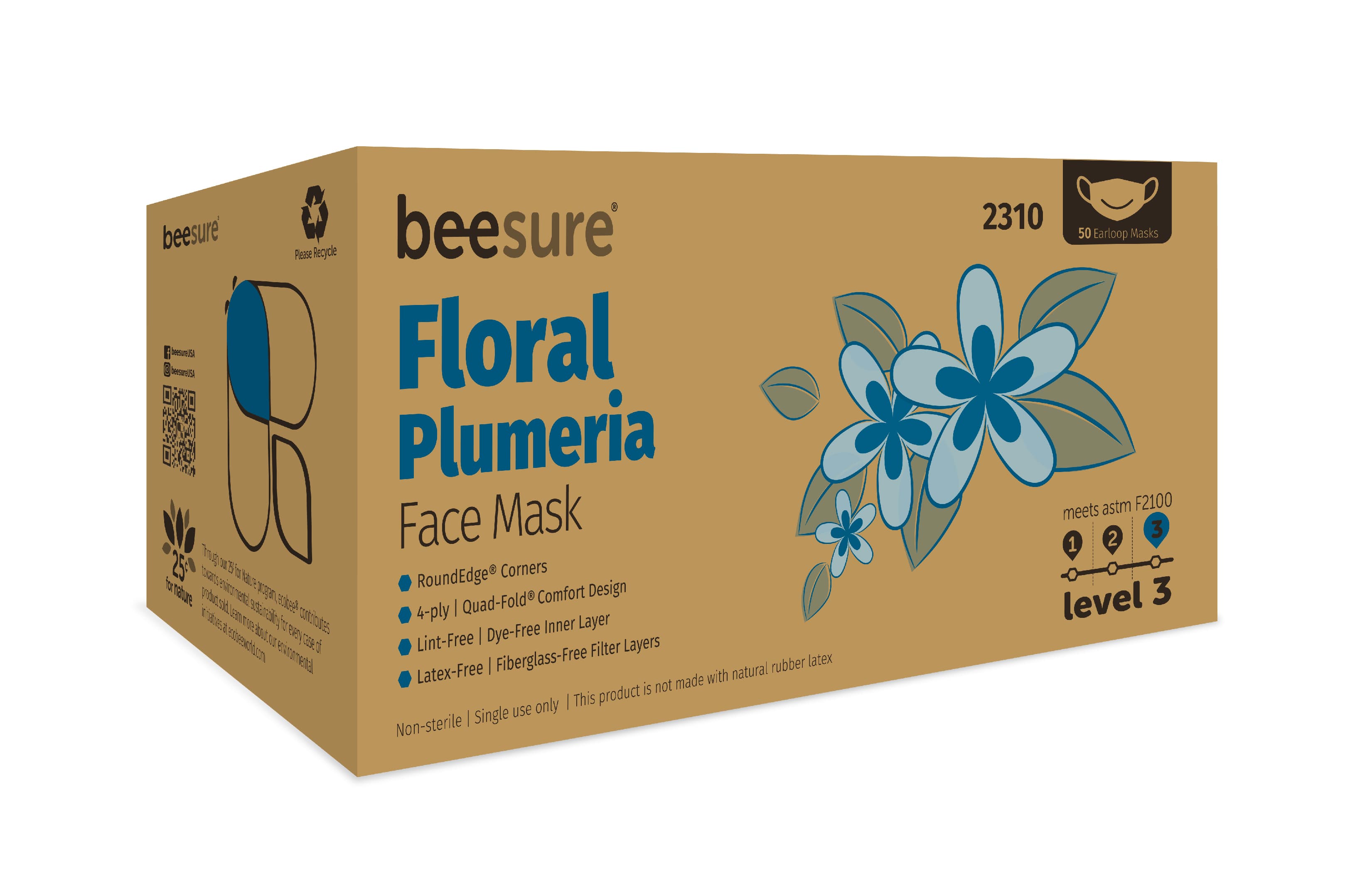BeeSure Floral Earloop Face Mask, ASTM Level 3, Plumeria Blue, 50/Box, BE2310 thumbnail 8