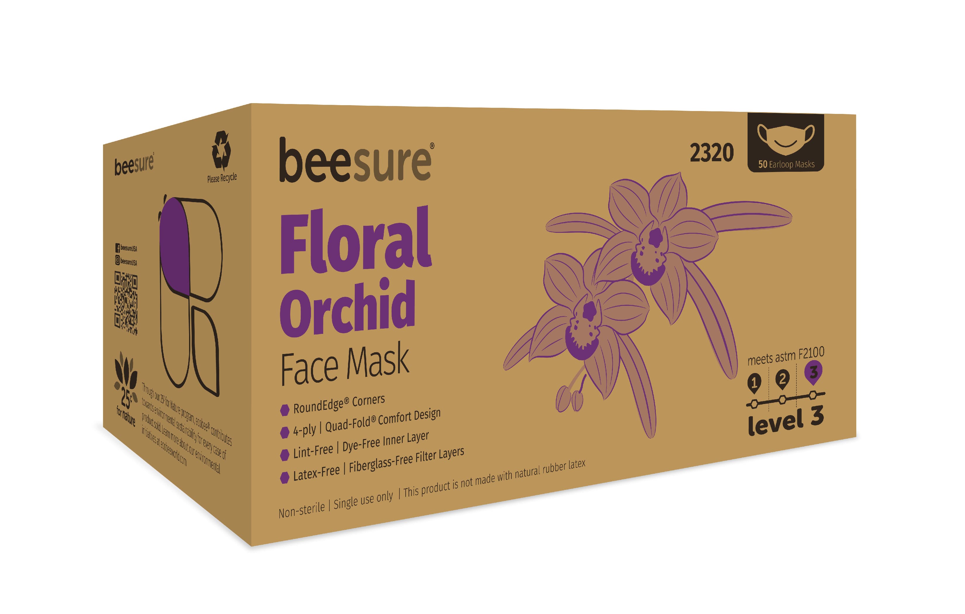 BeeSure Floral Earloop Face Mask, Orchid Printed Design, ASTM Level 3, 50/Box, BE2320 thumbnail 5