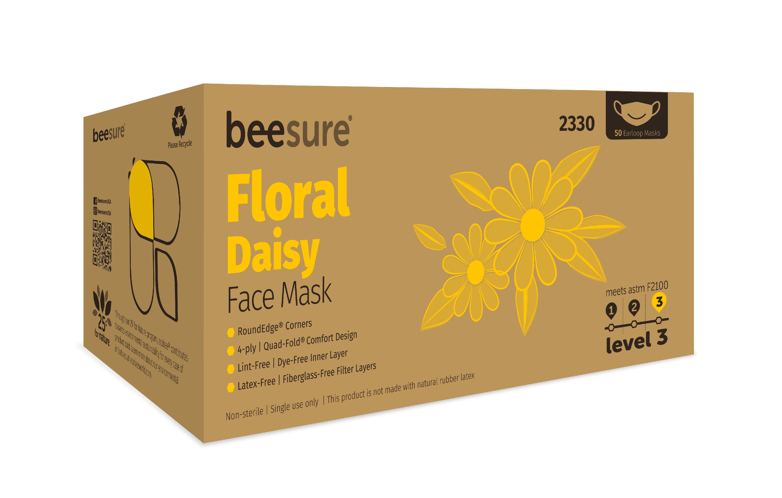 BeeSure Floral Design ASTM Level 3 Earloop Face Mask, Daisy Yellow, 50/Box, BE2330 thumbnail 5