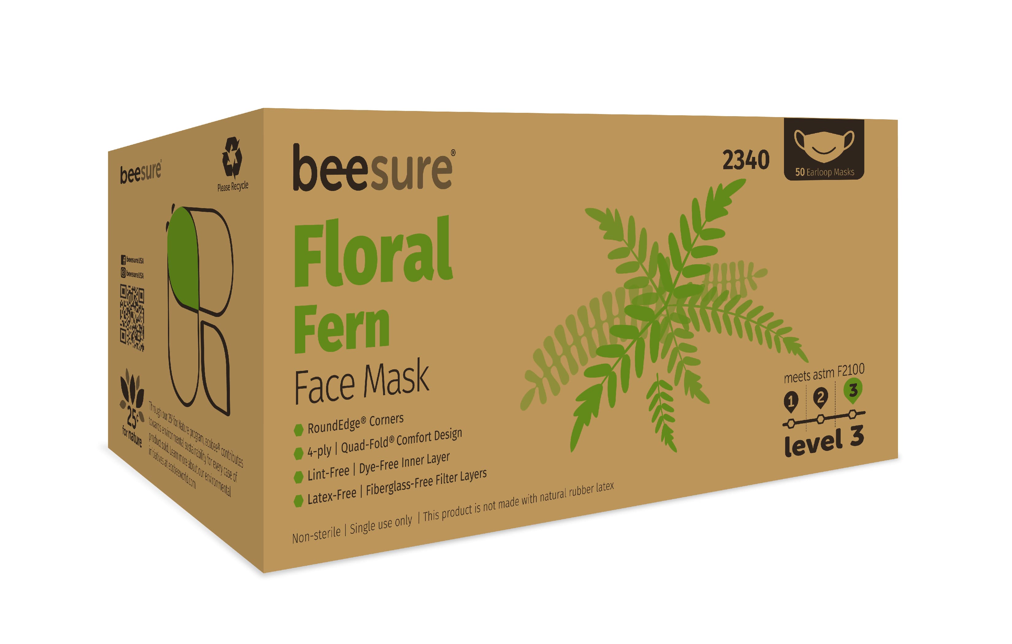 BeeSure Floral Design ASTM Level 3 Earloop Face Mask, Fern Green, 50/Box, BE2340 thumbnail 4
