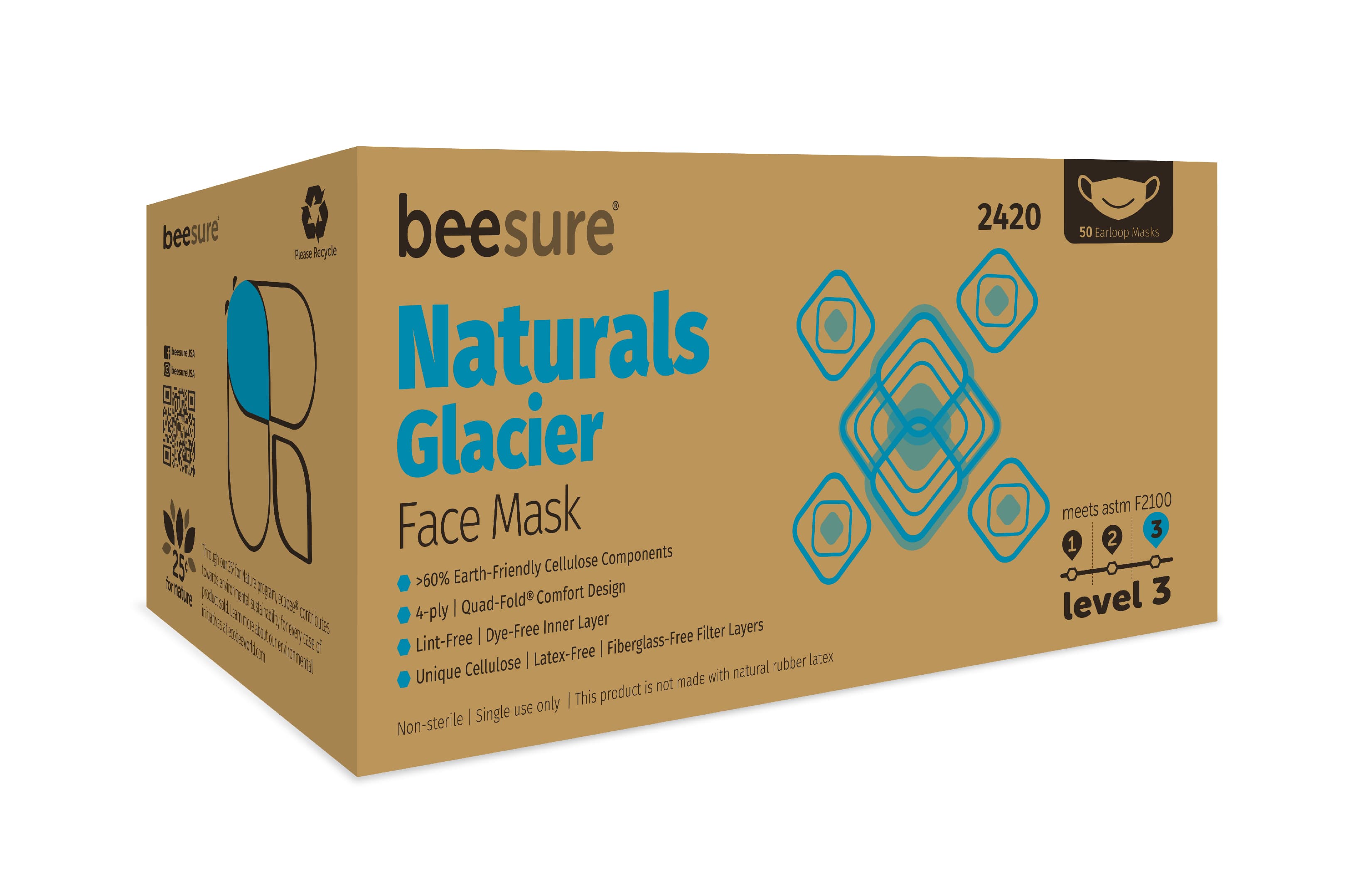 BeeSure Naturals Procedure Face Mask, ASTM Level 3, Ear Loop, Glacier Blue, 50/Box, BE2420 thumbnail 3