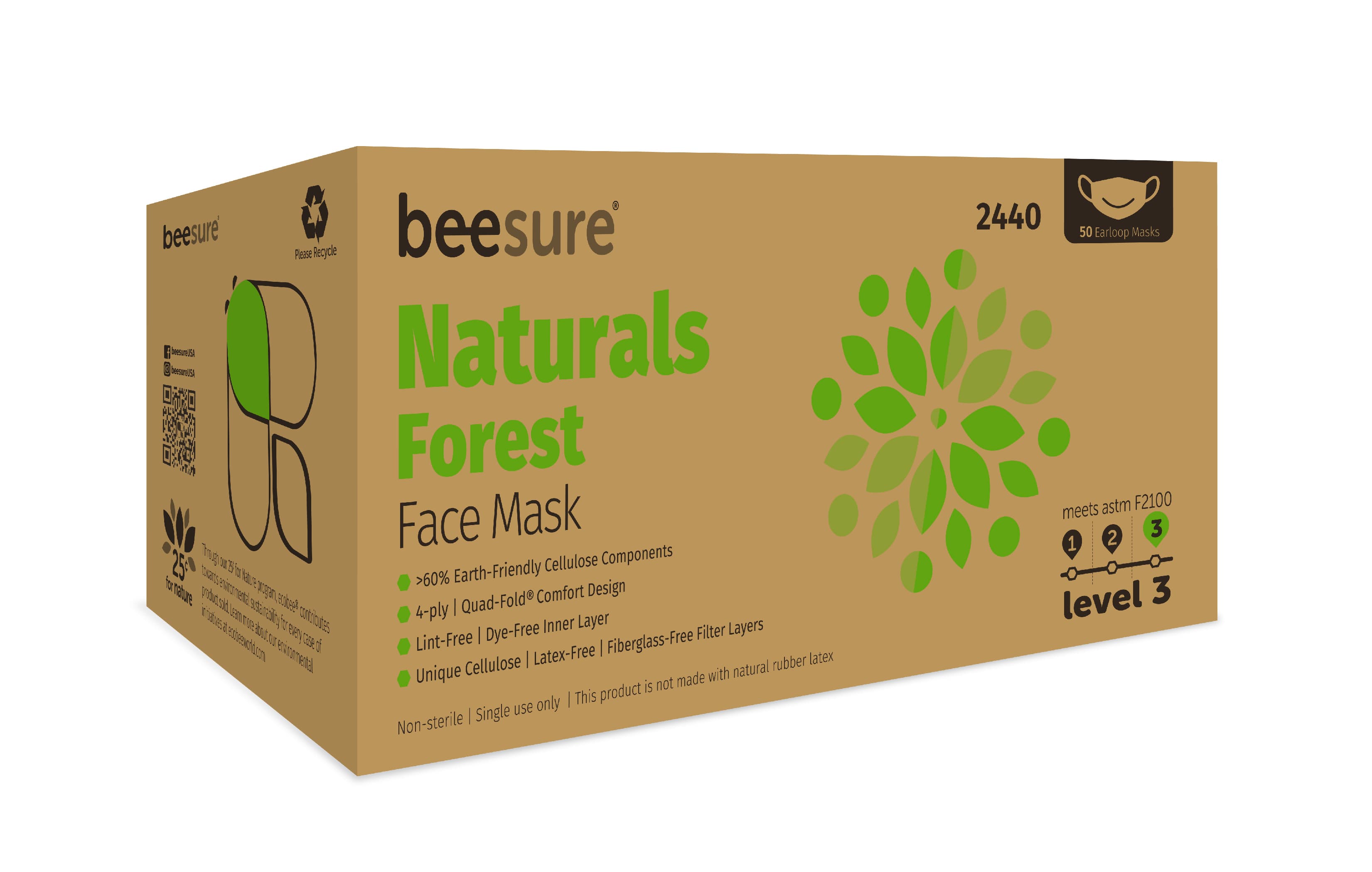 BeeSure Naturals Procedure Face Mask, ASTM Level 3, Forest Green, Ear Loop, Pleated, 50/Box, BE2440 thumbnail 3